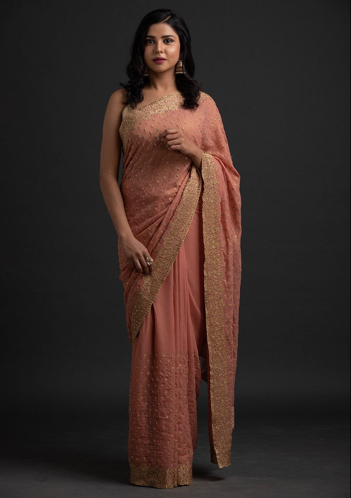 Onion Pink Zariwork Shimmer Designer Saree - koskii
