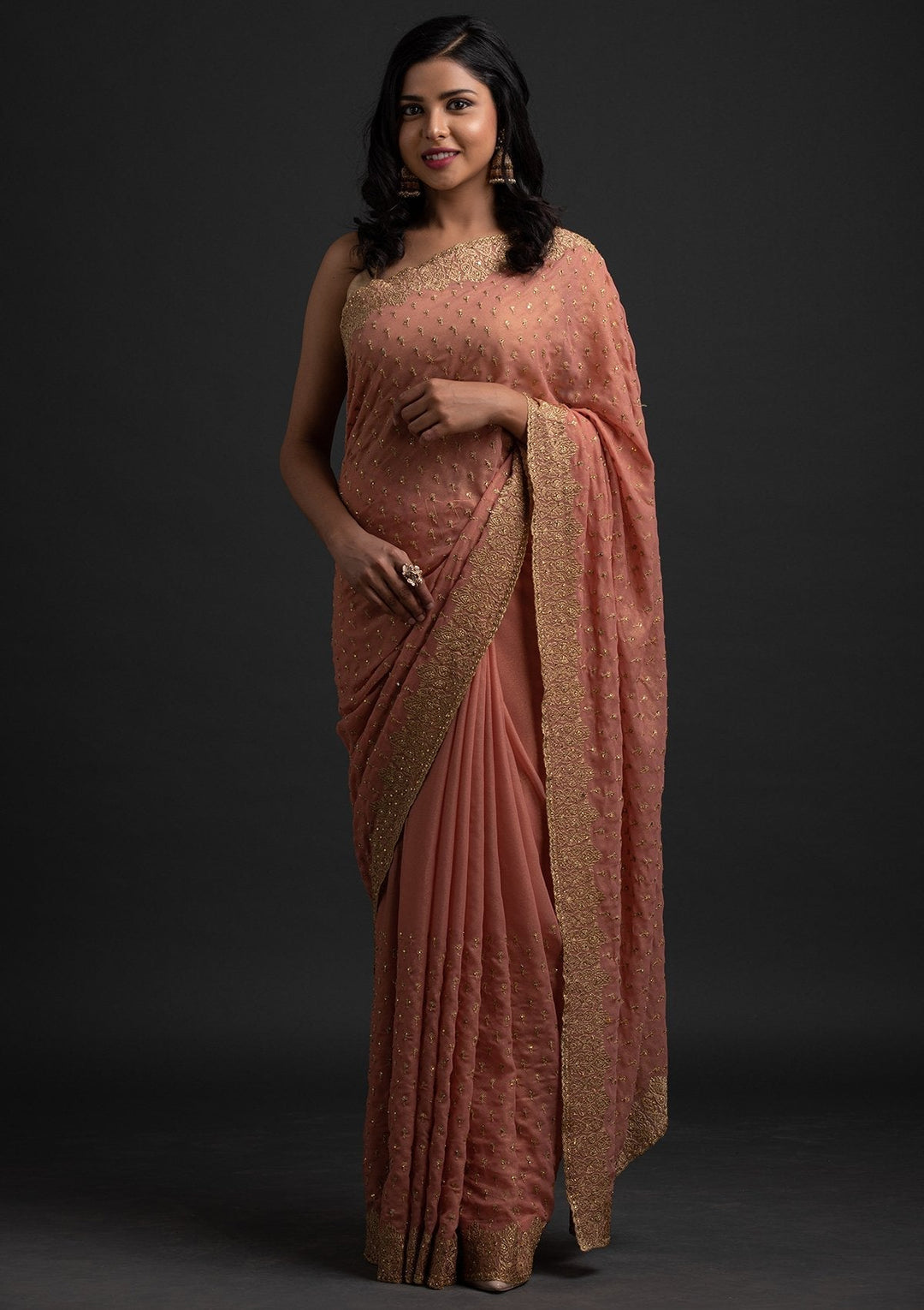 Onion Pink Zariwork Shimmer Designer Saree - koskii