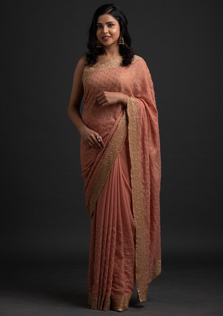 Onion Pink Zariwork Shimmer Designer Saree - koskii