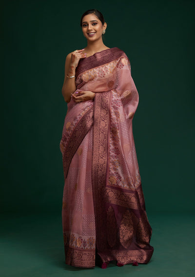 Onion Pink Zariwork Taffeta Silk Saree- Koskii