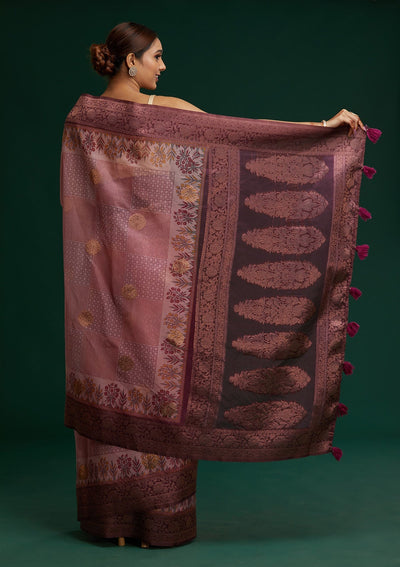 Onion Pink Zariwork Taffeta Silk Saree - Koskii