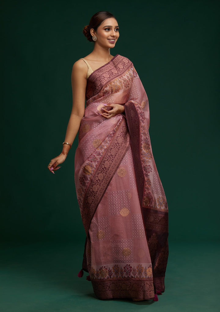 Onion Pink Zariwork Taffeta Silk Saree - Koskii
