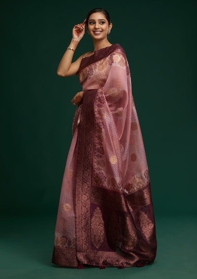 Onion Pink Zariwork Taffeta Silk Saree - Koskii