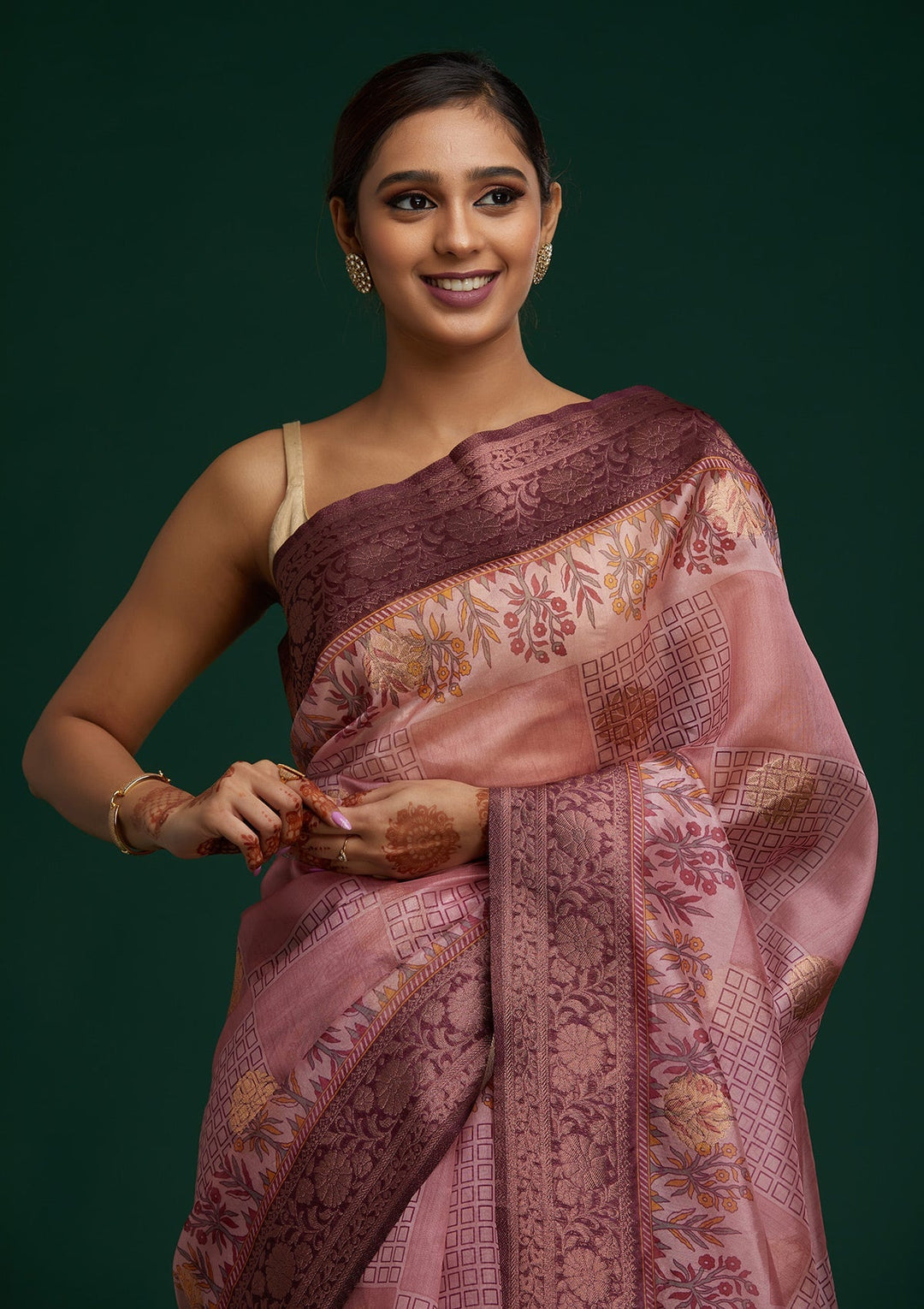 Onion Pink Zariwork Taffeta Silk Saree - Koskii