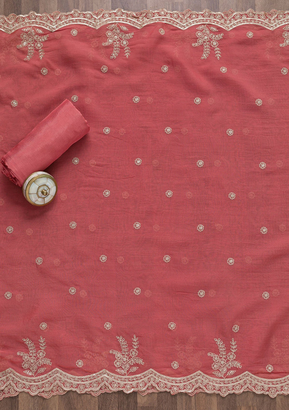 Onion Pink Zariwork Tissue Unstitched Salwar Suit-Koskii