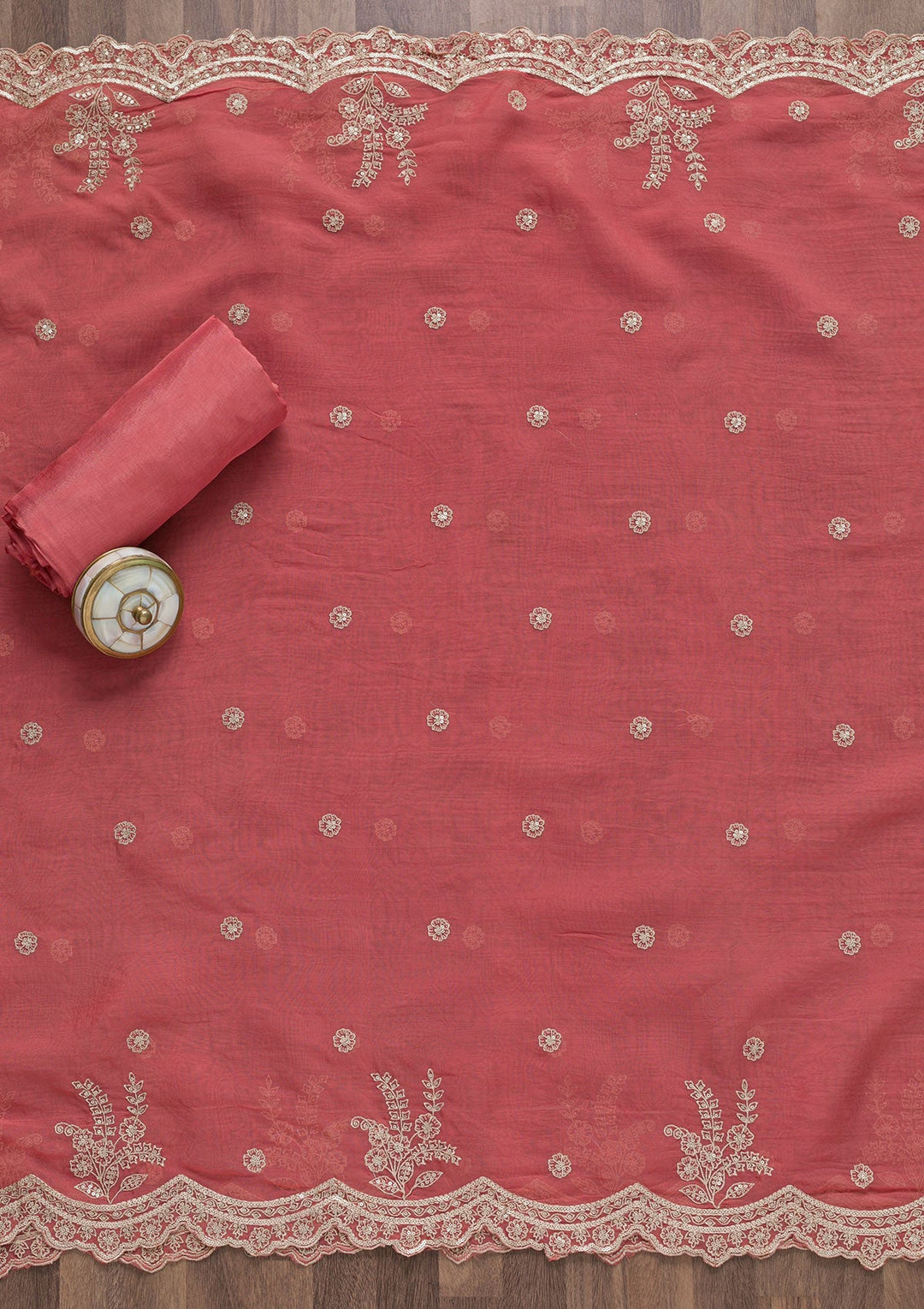 Onion Pink Zariwork Tissue Unstitched Salwar Suit-Koskii