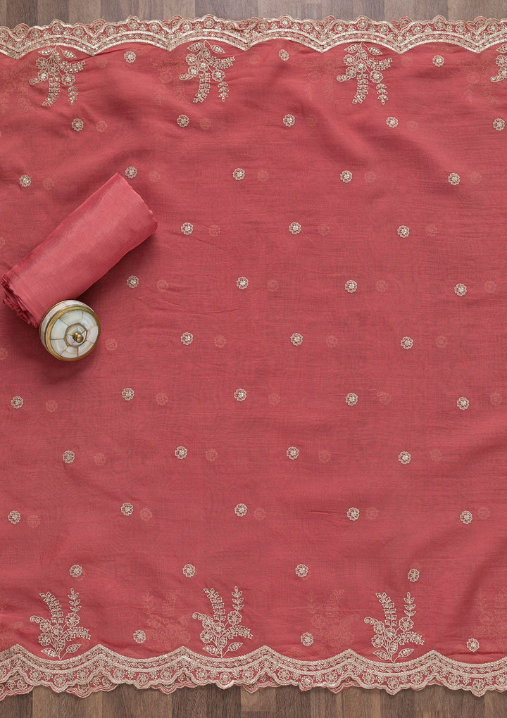 Onion Pink Zariwork Tissue Unstitched Salwar Suit-Koskii
