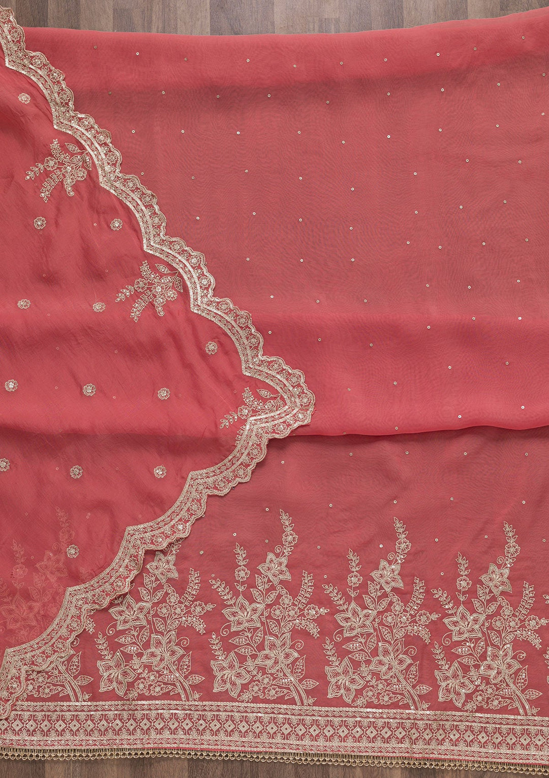 Onion Pink Zariwork Tissue Unstitched Salwar Suit-Koskii