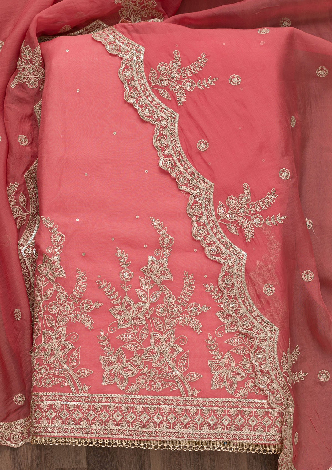Onion Pink Zariwork Tissue Unstitched Salwar Suit-Koskii