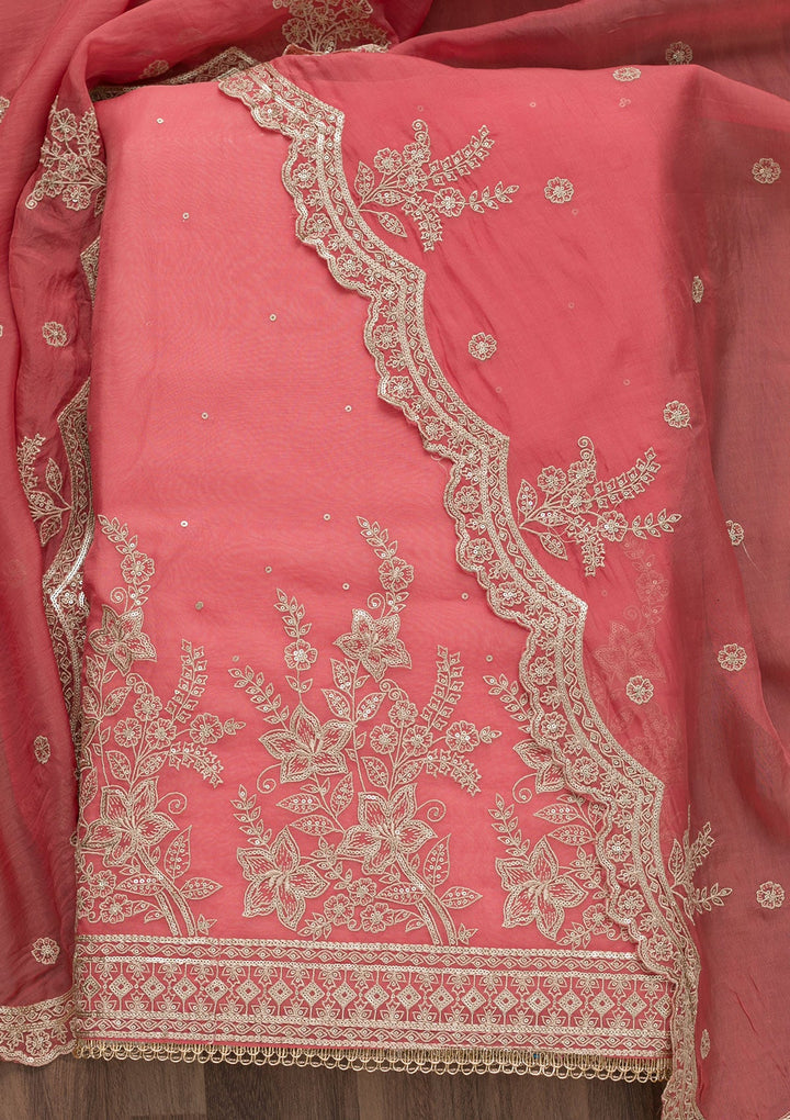 Onion Pink Zariwork Tissue Unstitched Salwar Suit-Koskii