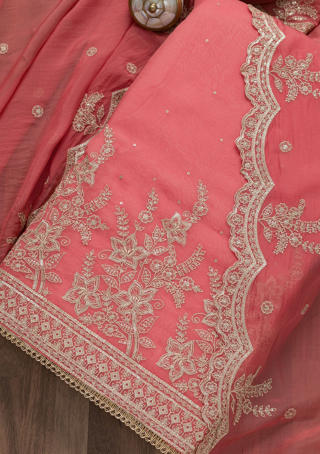 Onion Pink Zariwork Tissue Unstitched Salwar Suit-Koskii
