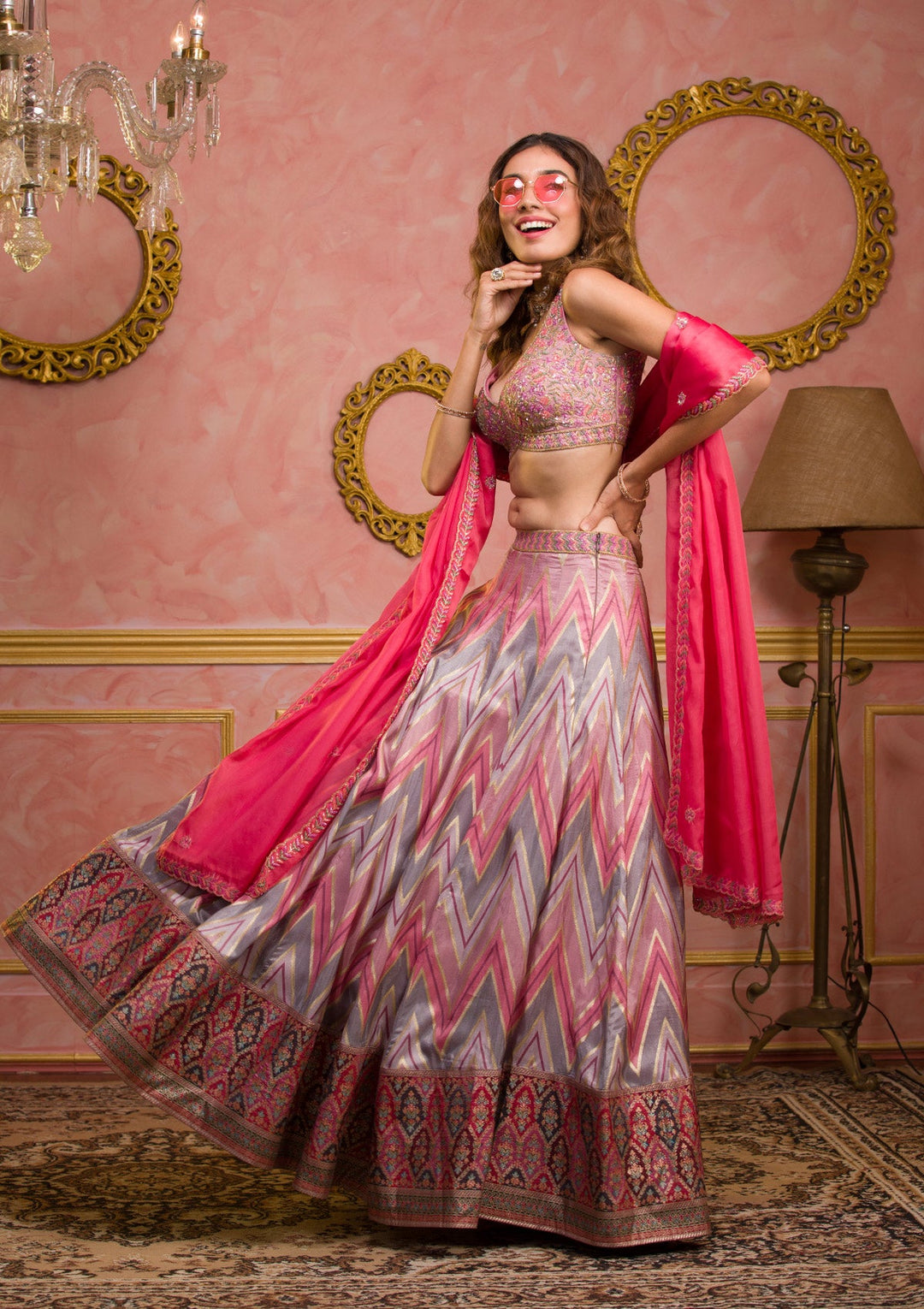 Onion Pink Cutdana Banarasi Readymade Lehenga-Koskii