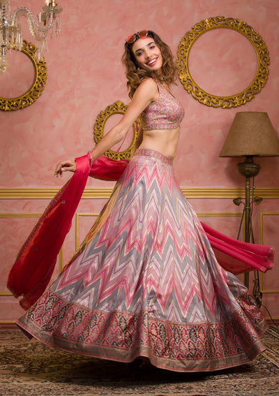 Onion Pink Cutdana Banarasi Readymade Lehenga-Koskii