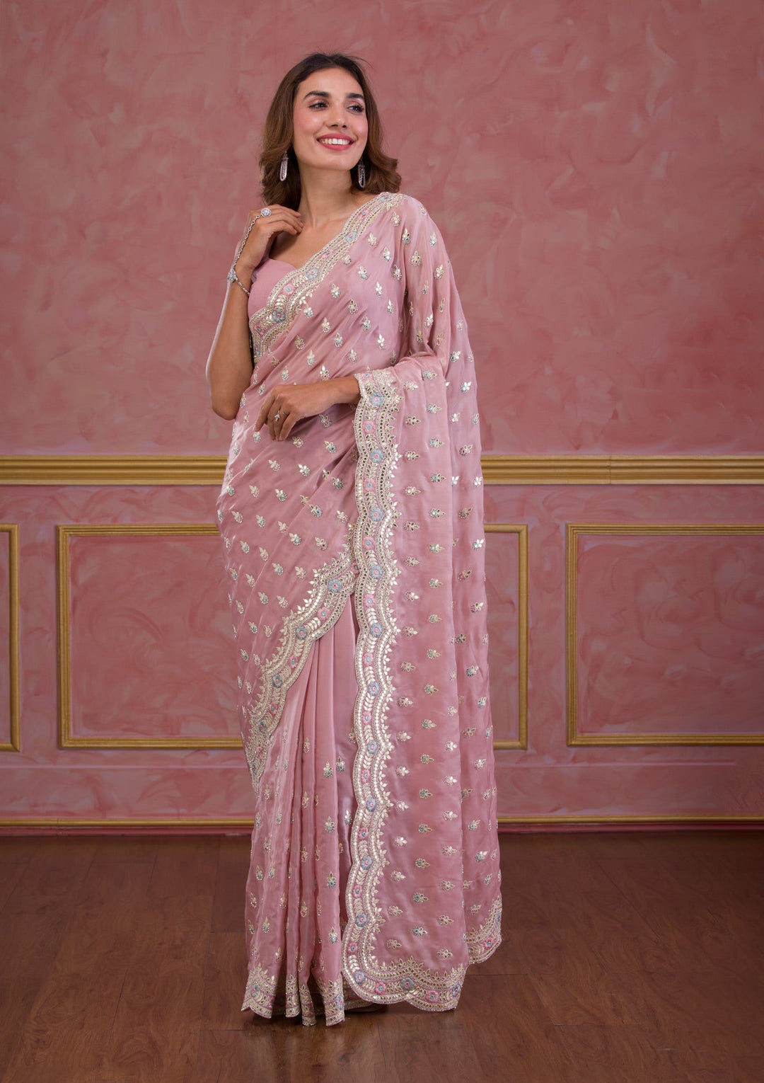 Onion Pink Gotapatti Organza Saree-Koskii