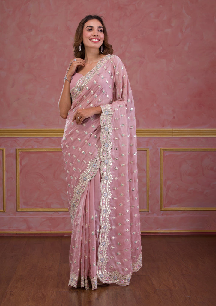 Onion Pink Gotapatti Organza Saree-Koskii