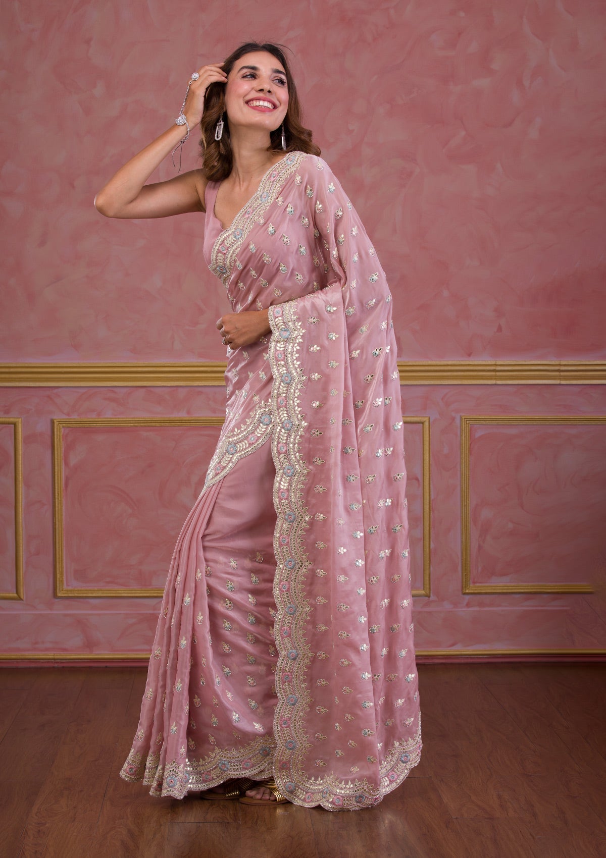 Onion Pink Gotapatti Organza Saree-Koskii