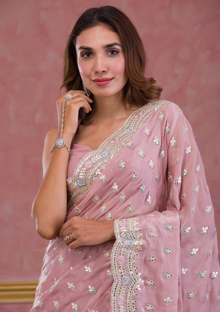 Onion Pink Gotapatti Organza Saree-Koskii