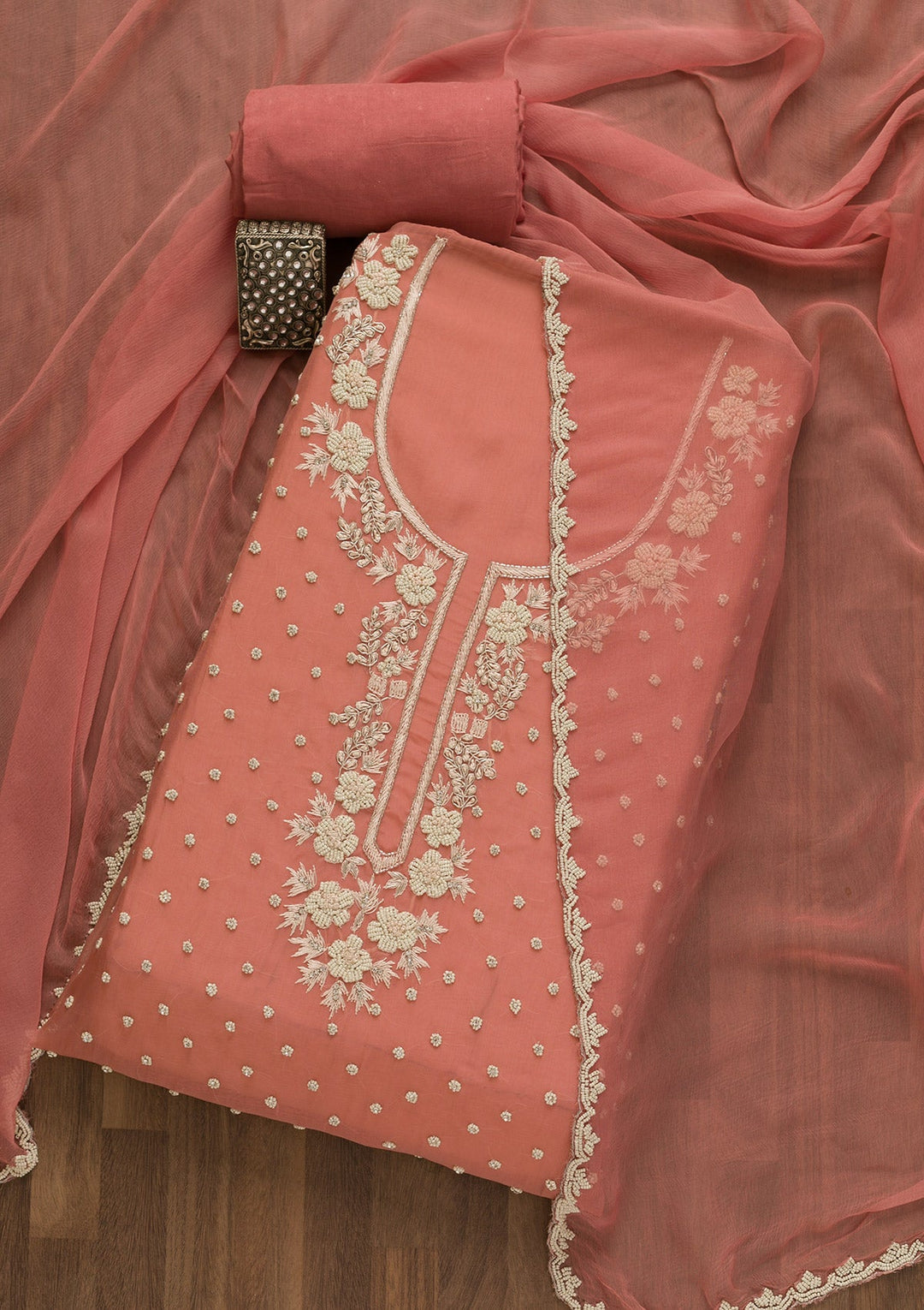 Onion Pink Pearlwork Organza Unstitched Salwar Kameez-Koskii