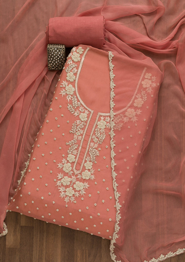 Onion Pink Pearlwork Organza Unstitched Salwar Kameez-Koskii