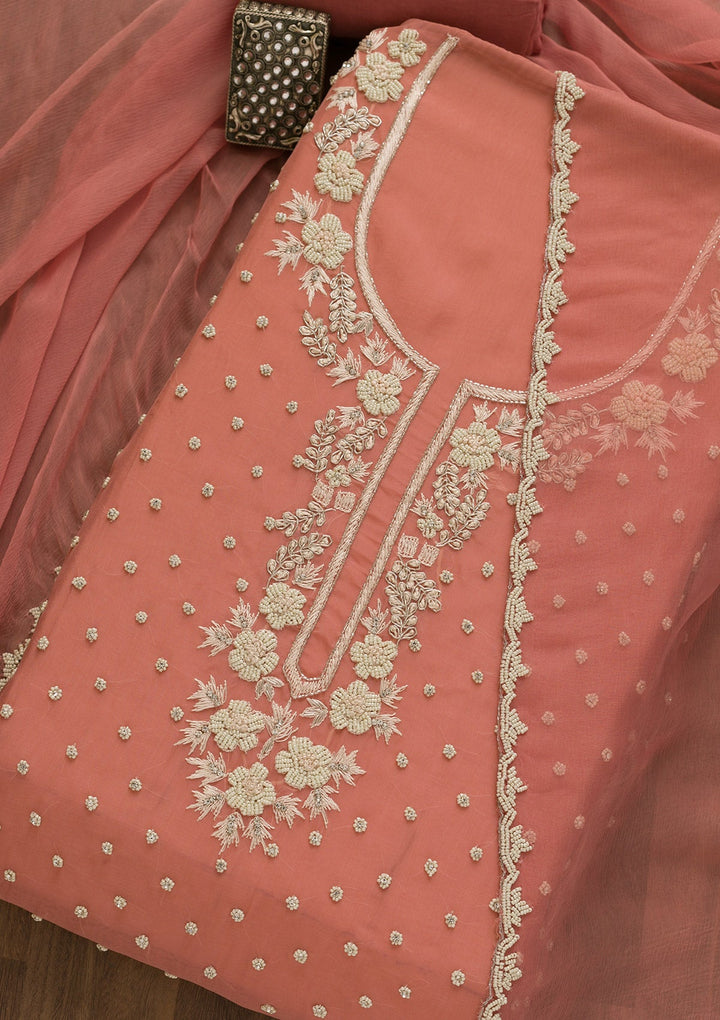 Onion Pink Pearlwork Organza Unstitched Salwar Kameez-Koskii