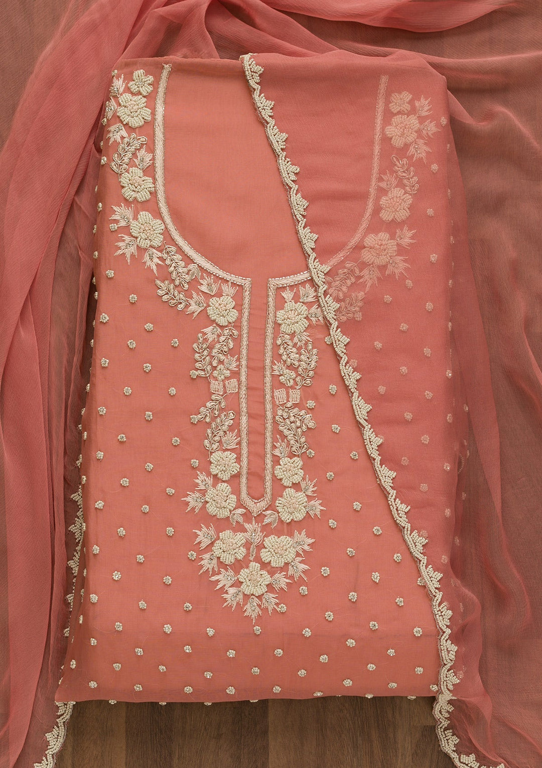 Onion Pink Pearlwork Organza Unstitched Salwar Kameez-Koskii