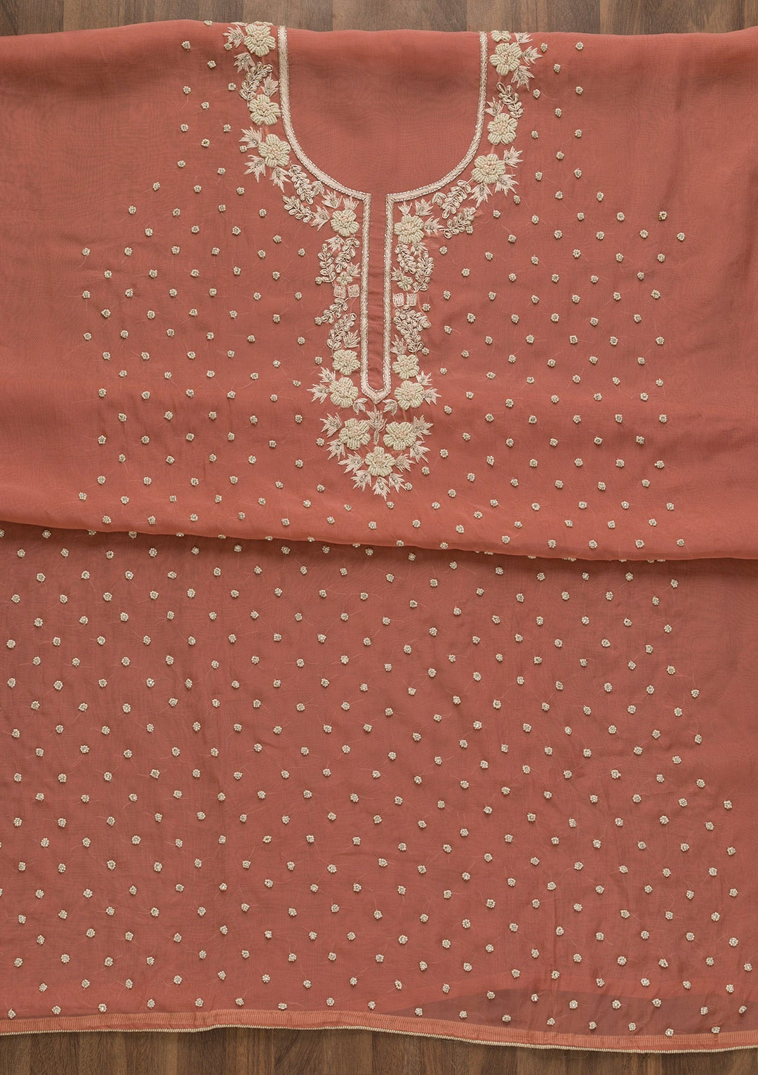 Onion Pink Pearlwork Organza Unstitched Salwar Kameez-Koskii
