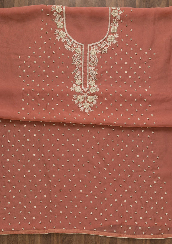 Onion Pink Pearlwork Organza Unstitched Salwar Kameez-Koskii