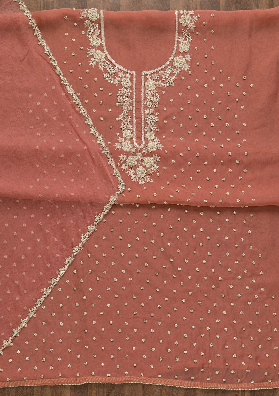 Onion Pink Pearlwork Organza Unstitched Salwar Kameez-Koskii