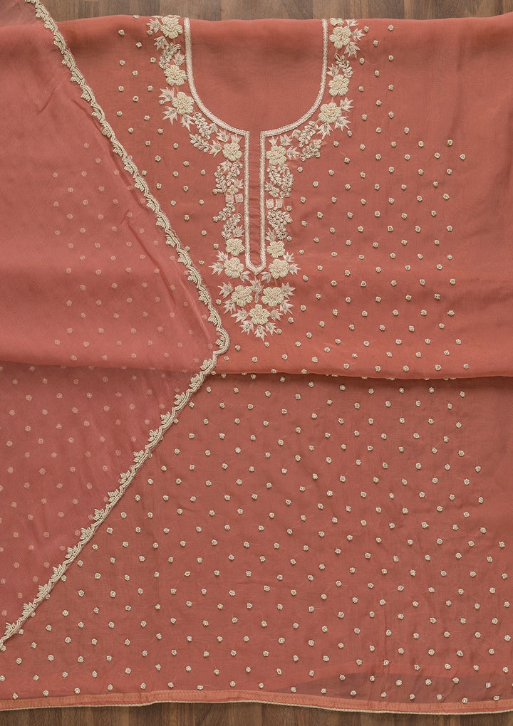 Onion Pink Pearlwork Organza Unstitched Salwar Kameez-Koskii