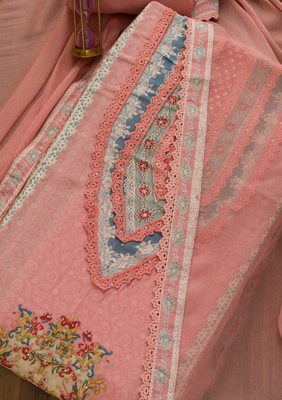 Onion Pink Printed Poly Cotton Unstitched Salwar Kameez-Koskii