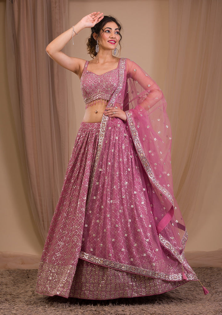 Onion Pink Sequins Georgette Readymade Lehenga-Koskii