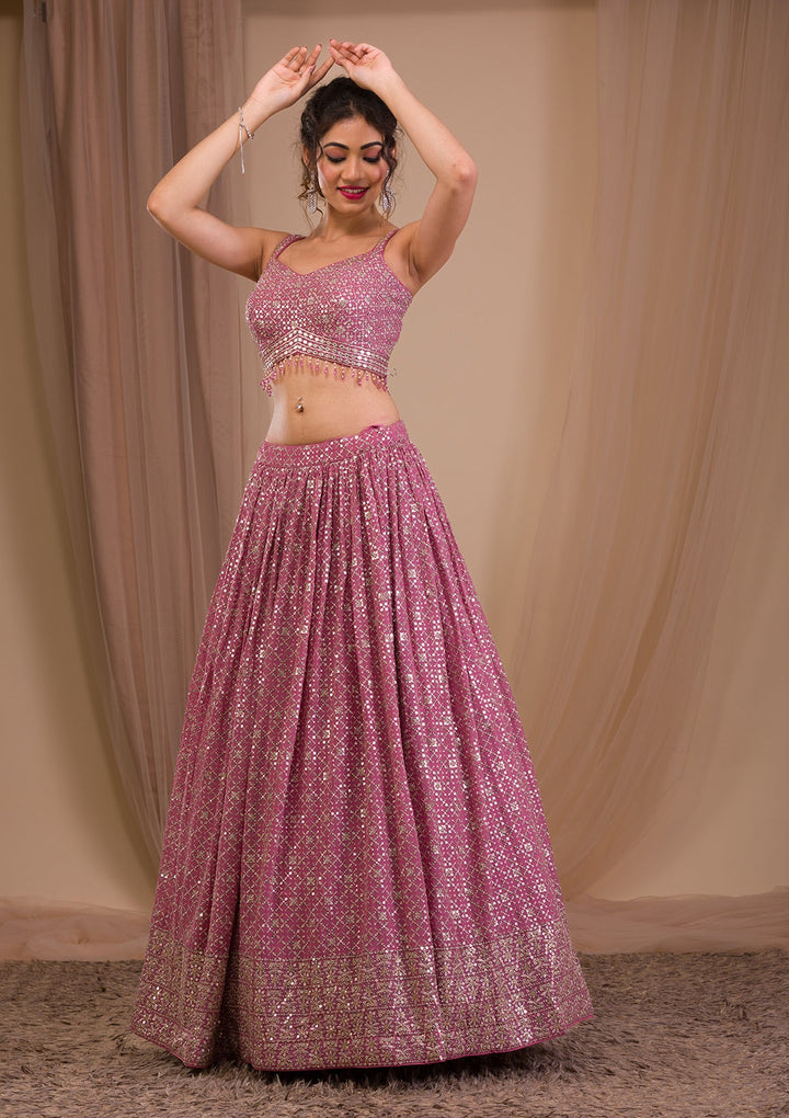 Onion Pink Sequins Georgette Readymade Lehenga-Koskii