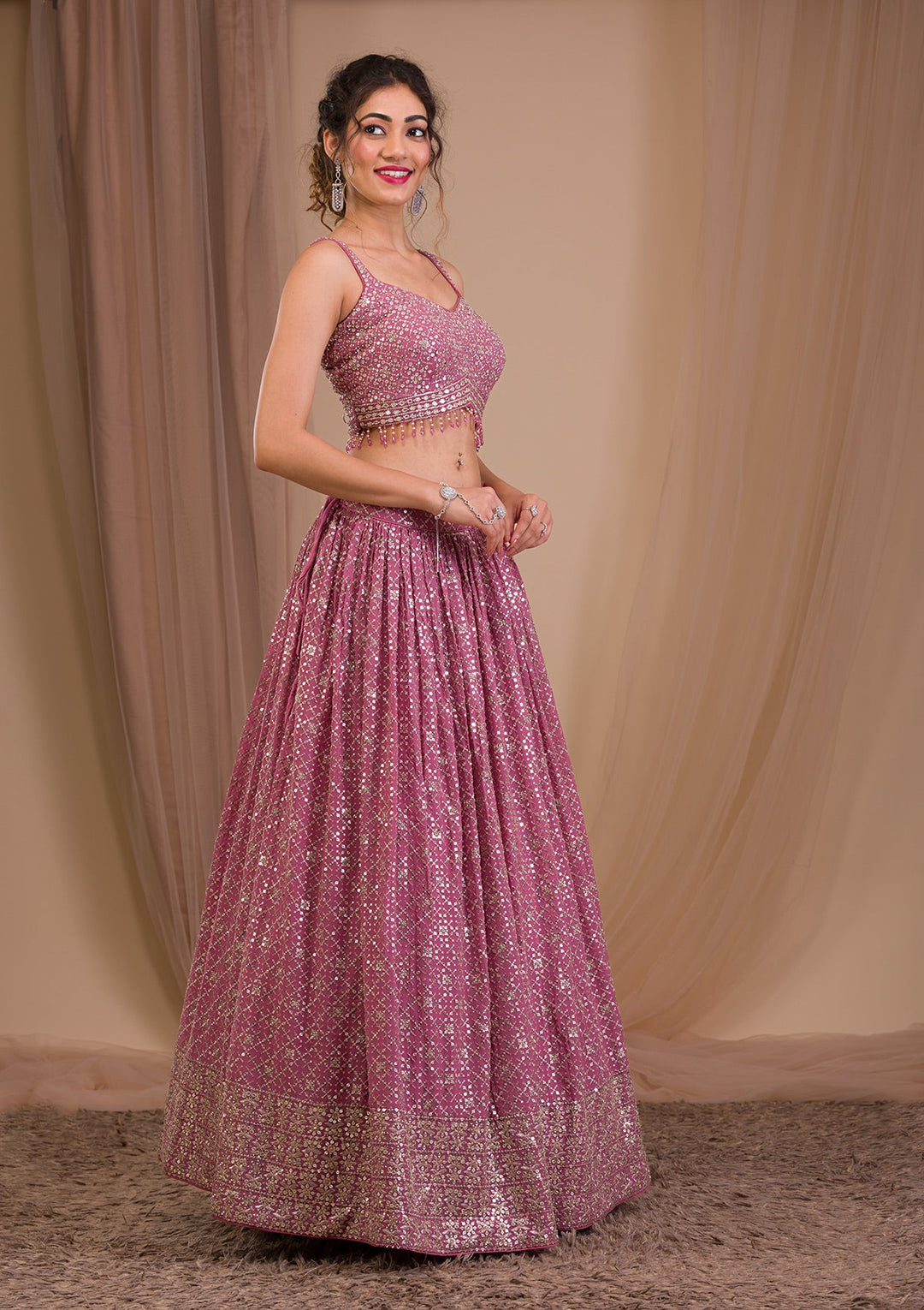 Onion Pink Sequins Georgette Readymade Lehenga-Koskii