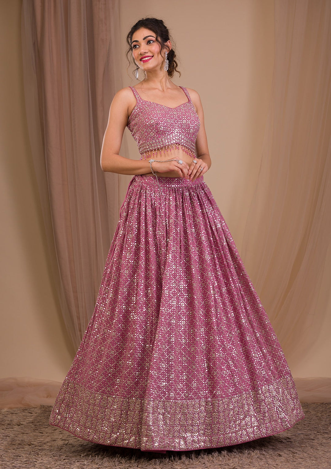 Onion Pink Sequins Georgette Readymade Lehenga-Koskii