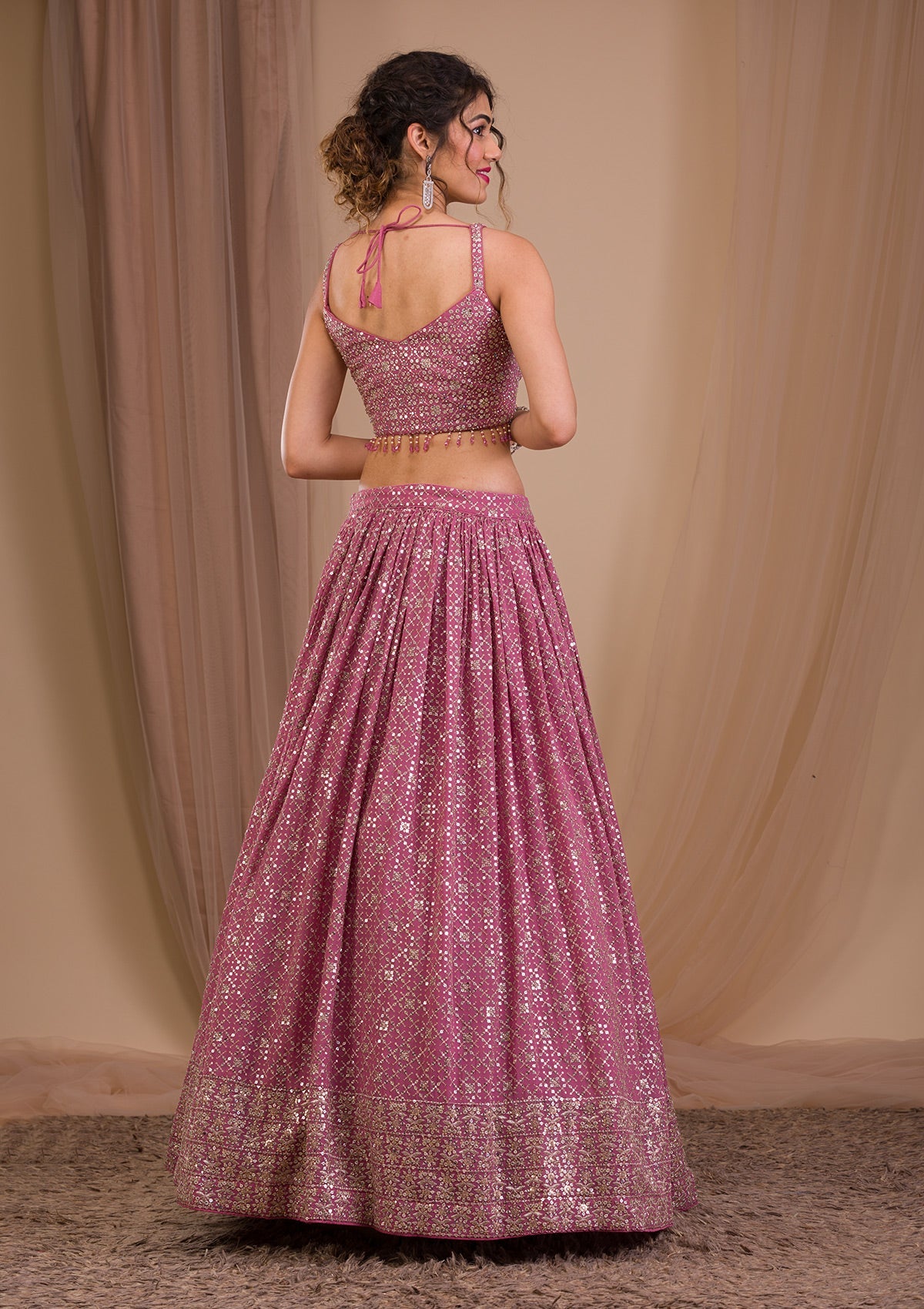 Onion Pink Sequins Georgette Readymade Lehenga-Koskii