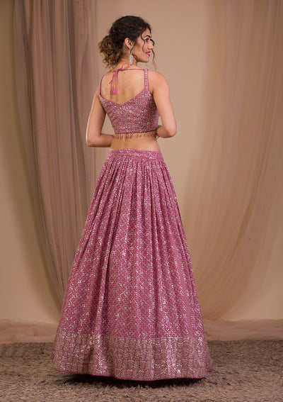 Onion Pink Sequins Georgette Readymade Lehenga-Koskii