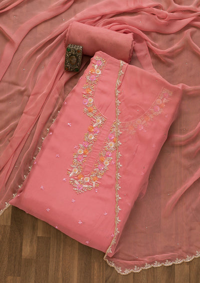Onion Pink Sequins Tissue Unstitched Salwar Kameez-Koskii