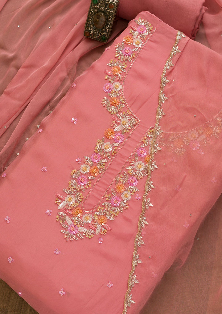 Onion Pink Sequins Tissue Unstitched Salwar Kameez-Koskii