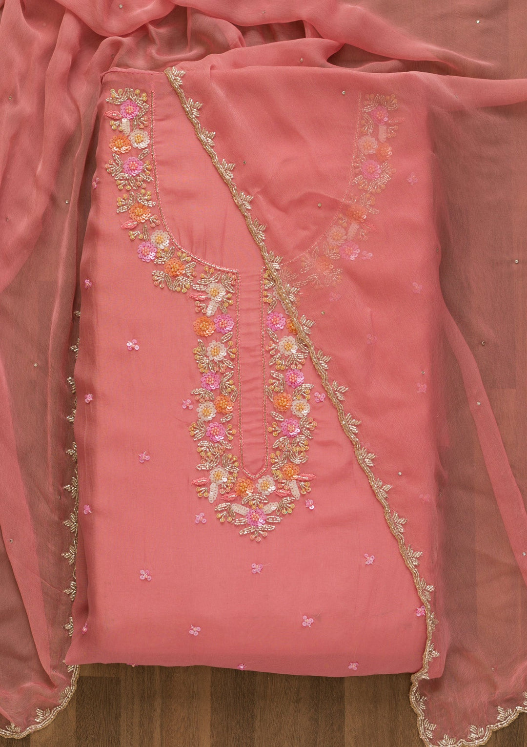 Onion Pink Sequins Tissue Unstitched Salwar Kameez-Koskii
