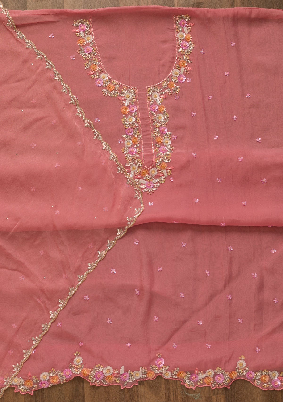 Onion Pink Sequins Tissue Unstitched Salwar Kameez-Koskii