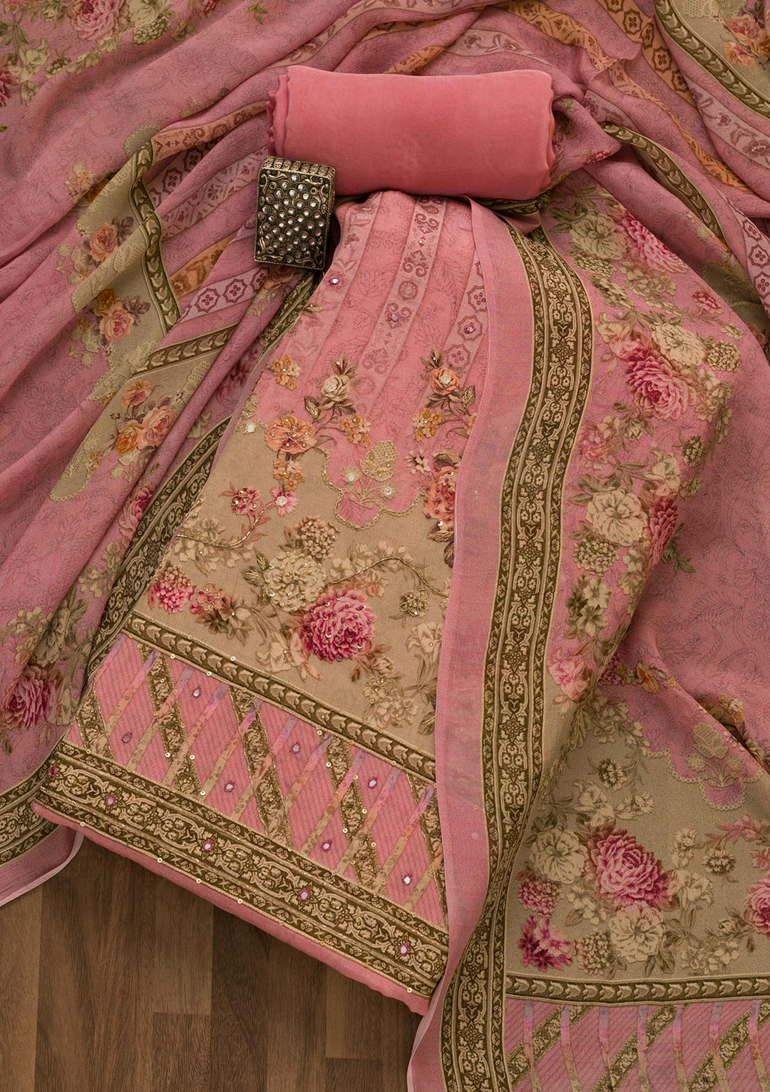 Onion Pink Zari Work Tissue Unstitched Salwar Kameez-Koskii