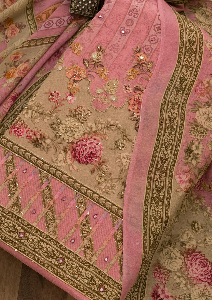 Onion Pink Zari Work Tissue Unstitched Salwar Kameez-Koskii