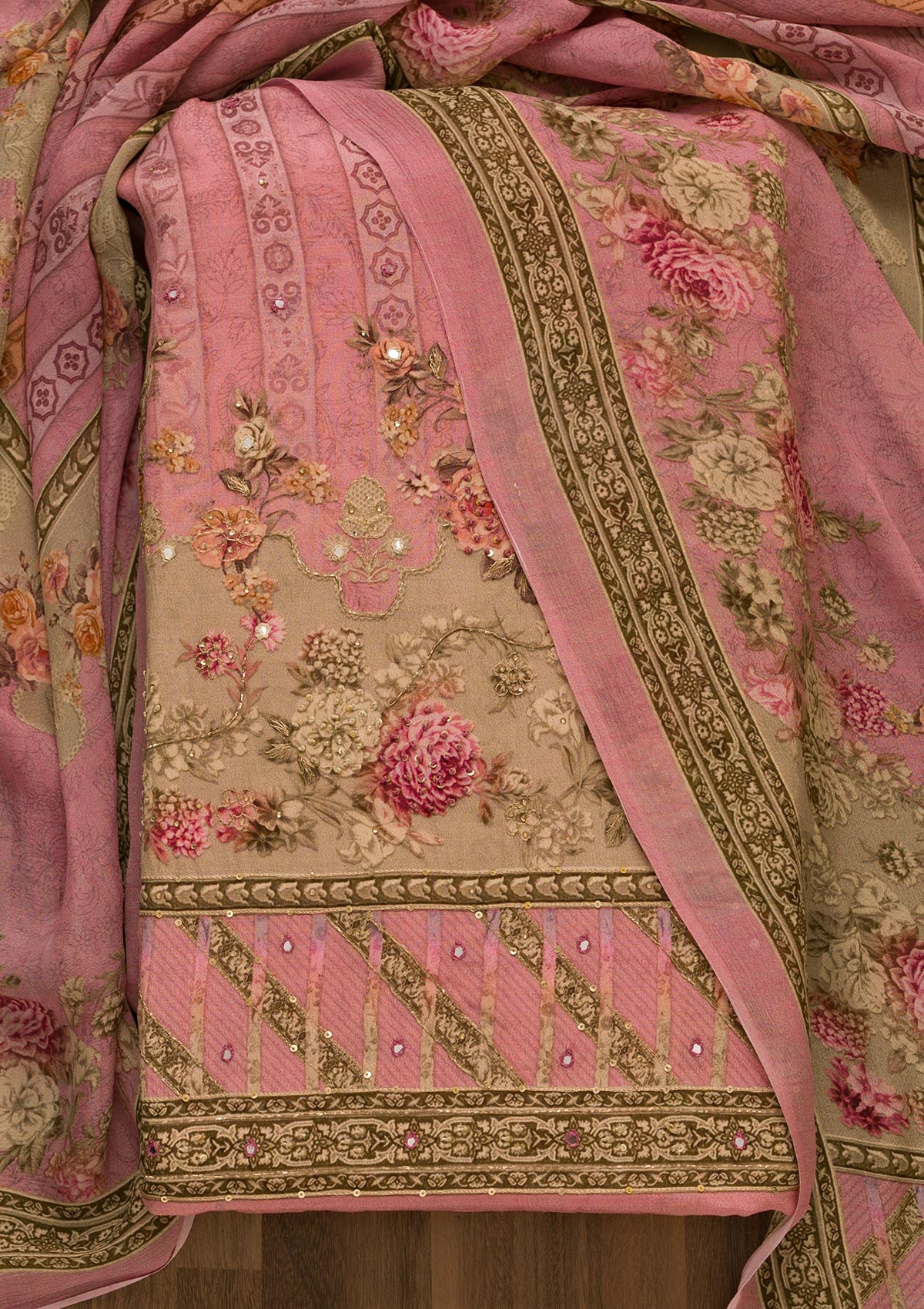 Onion Pink Zari Work Tissue Unstitched Salwar Kameez-Koskii