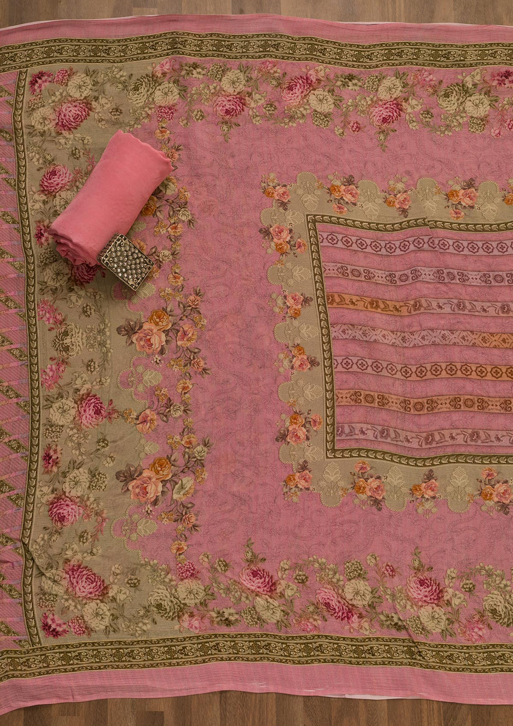 Onion Pink Zari Work Tissue Unstitched Salwar Kameez-Koskii