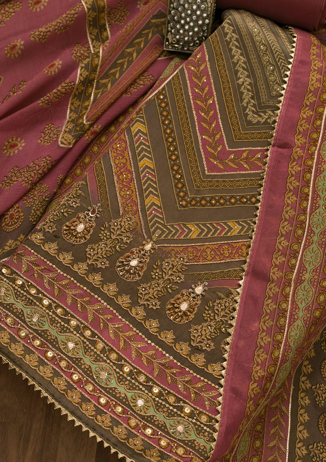 Onion Pink Zari Work Tissue Unstitched Salwar Kameez-Koskii