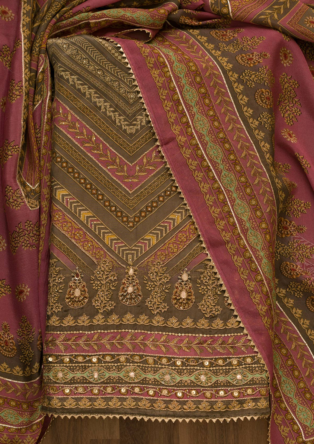 Onion Pink Zari Work Tissue Unstitched Salwar Kameez-Koskii