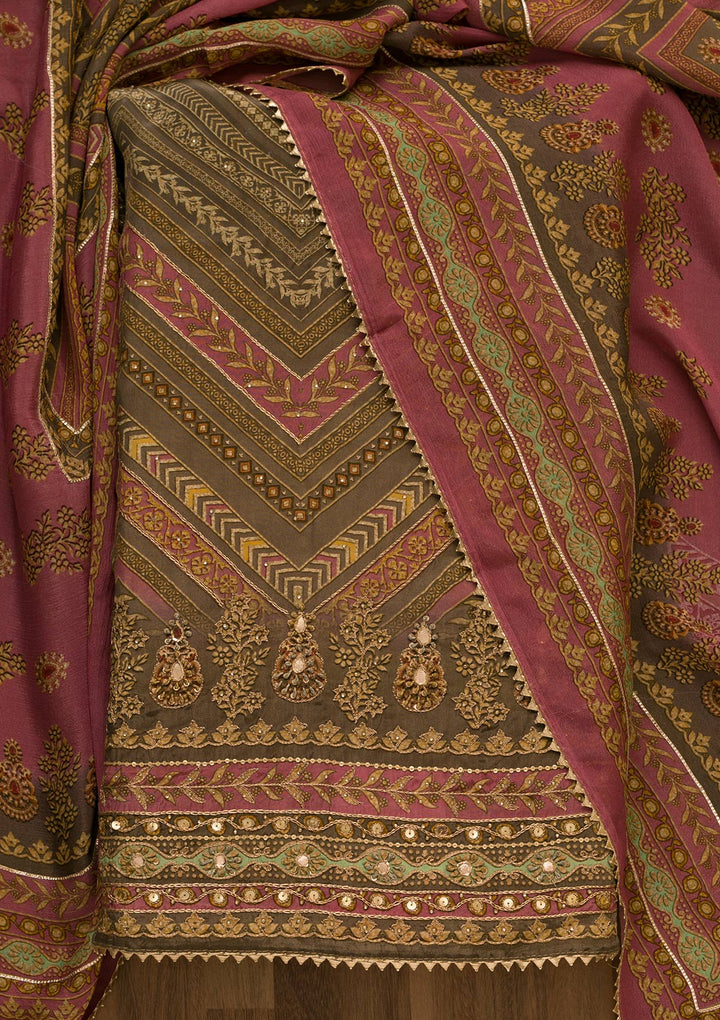 Onion Pink Zari Work Tissue Unstitched Salwar Kameez-Koskii