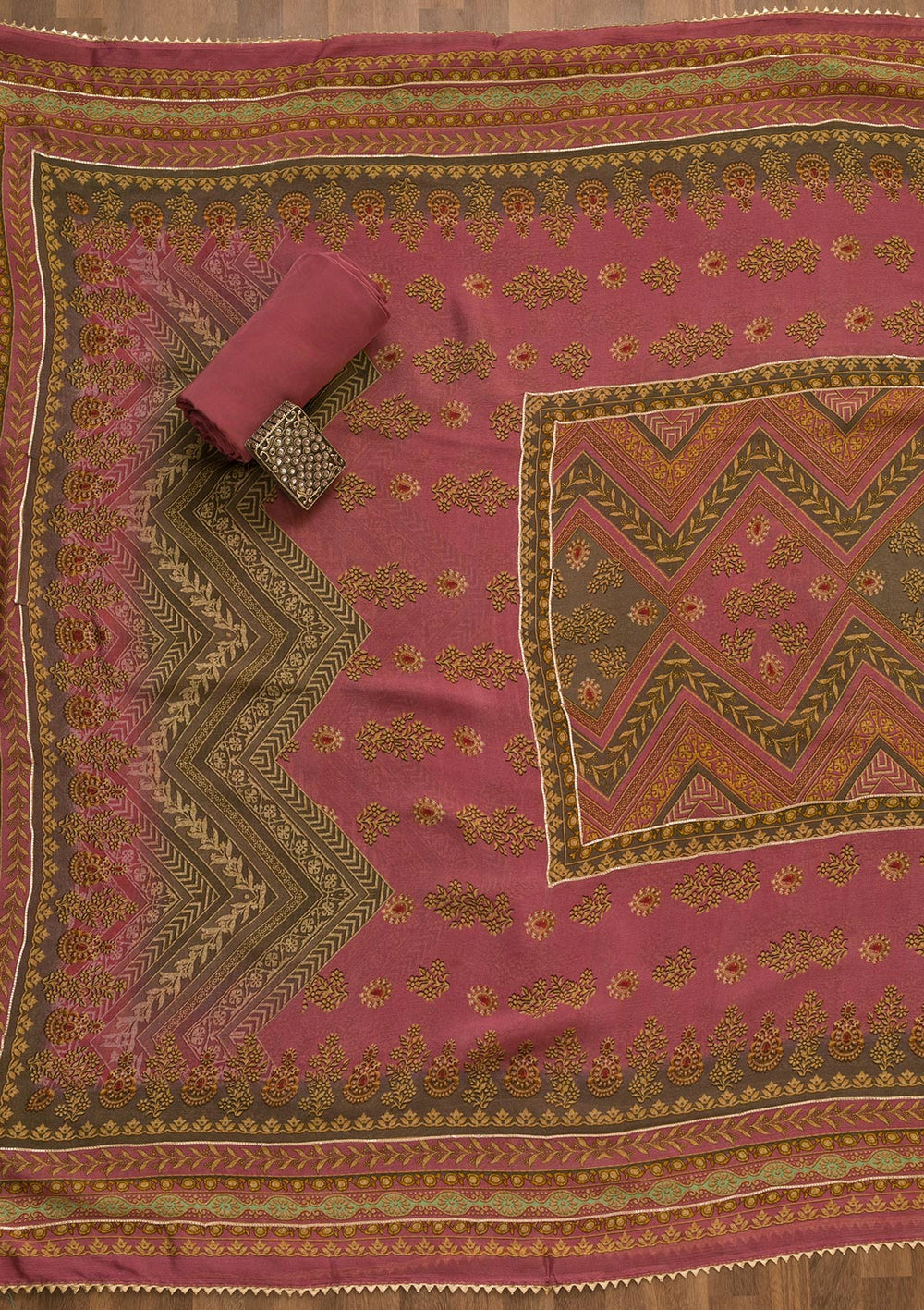 Onion Pink Zari Work Tissue Unstitched Salwar Kameez-Koskii