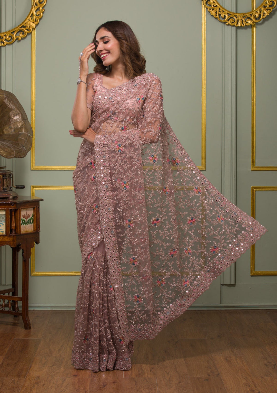 Onion Pink Stonework Net Saree-Koskii