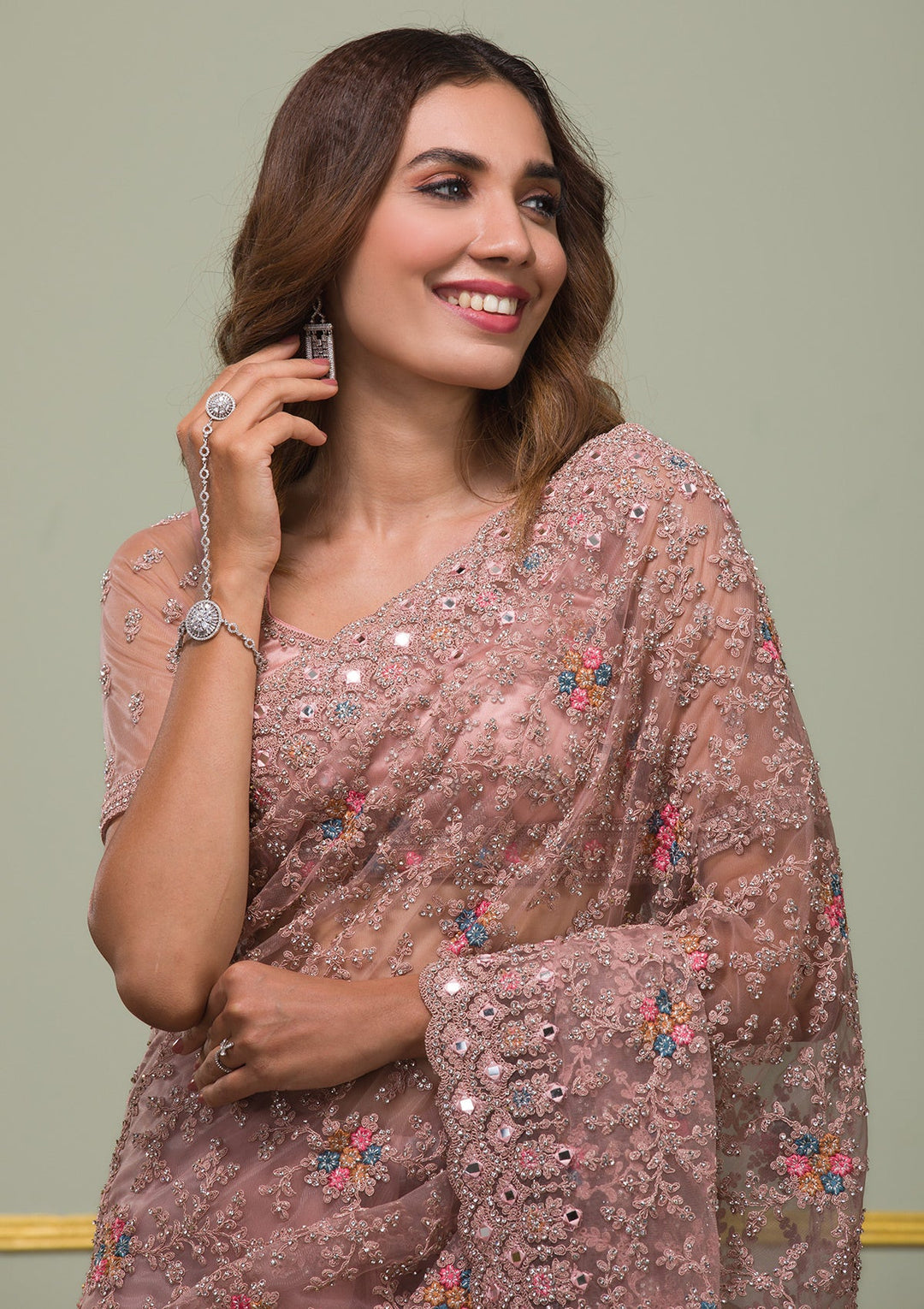 Onion Pink Stonework Net Saree-Koskii